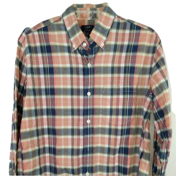 J Crew Summer Plaid Button Down Collared Shirt Men Size M Pink Blue Long Sleeve - Picture 1 of 9